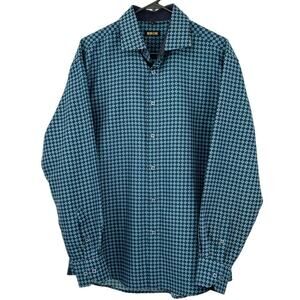 Bespoke Moda Dress Shirt Mens Large Blue Black Button Up Geometric Church Preppy